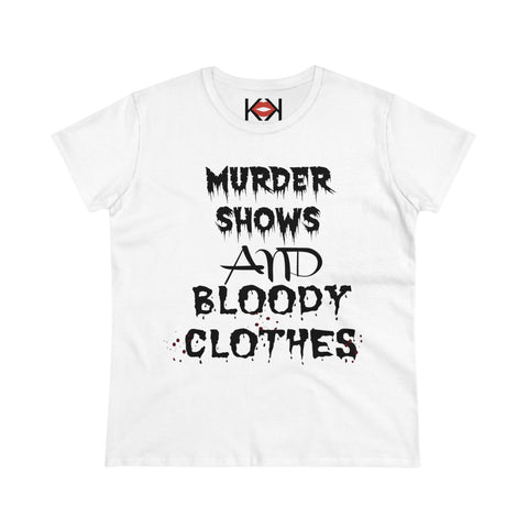 women's white cotton Murder Shows and Bloody Clothes murder tee
