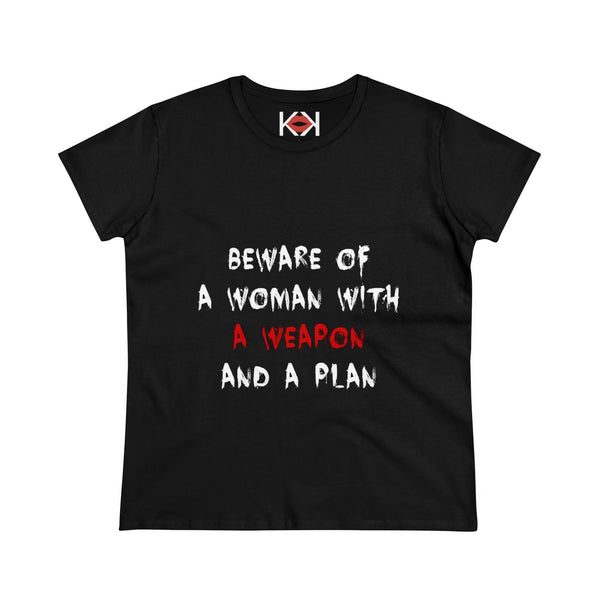 women's black cotton Beware of a Woman with a Weapon and a Plan murder tee