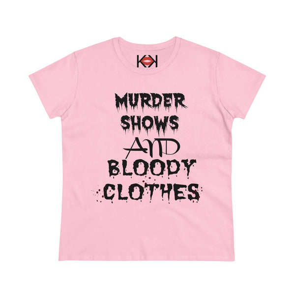 women's pink cotton Murder Shows and Bloody Clothes murder tee