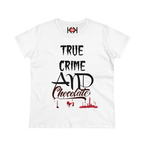 women's white cotton True Crime and Chocolate murder tee