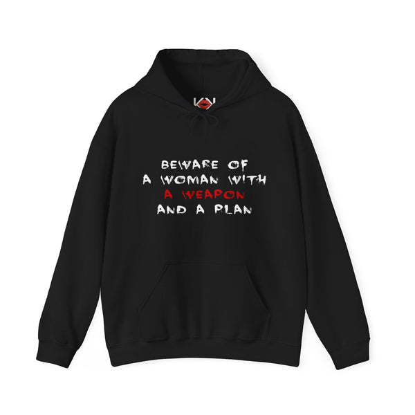 black Beware of a Woman with a Weapon and a Plan murder hoodie