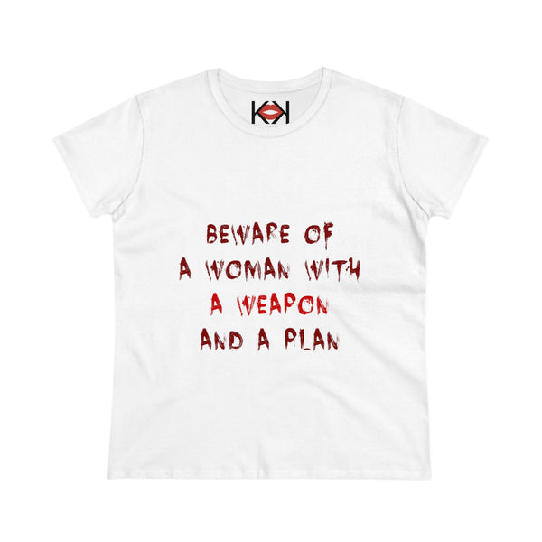 women's white cotton Beware of a Woman with a Weapon and a Plan murder tee