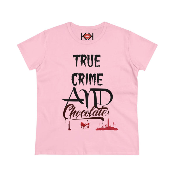 women's pink cotton True Crime and Chocolate murder tee