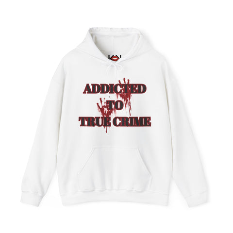 white Addicted to True Crime murder hoodie