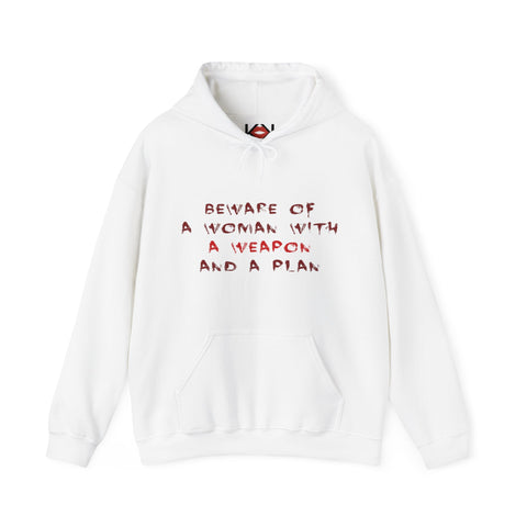 white Beware of a Woman with a Weapon and a Plan murder hoodie
