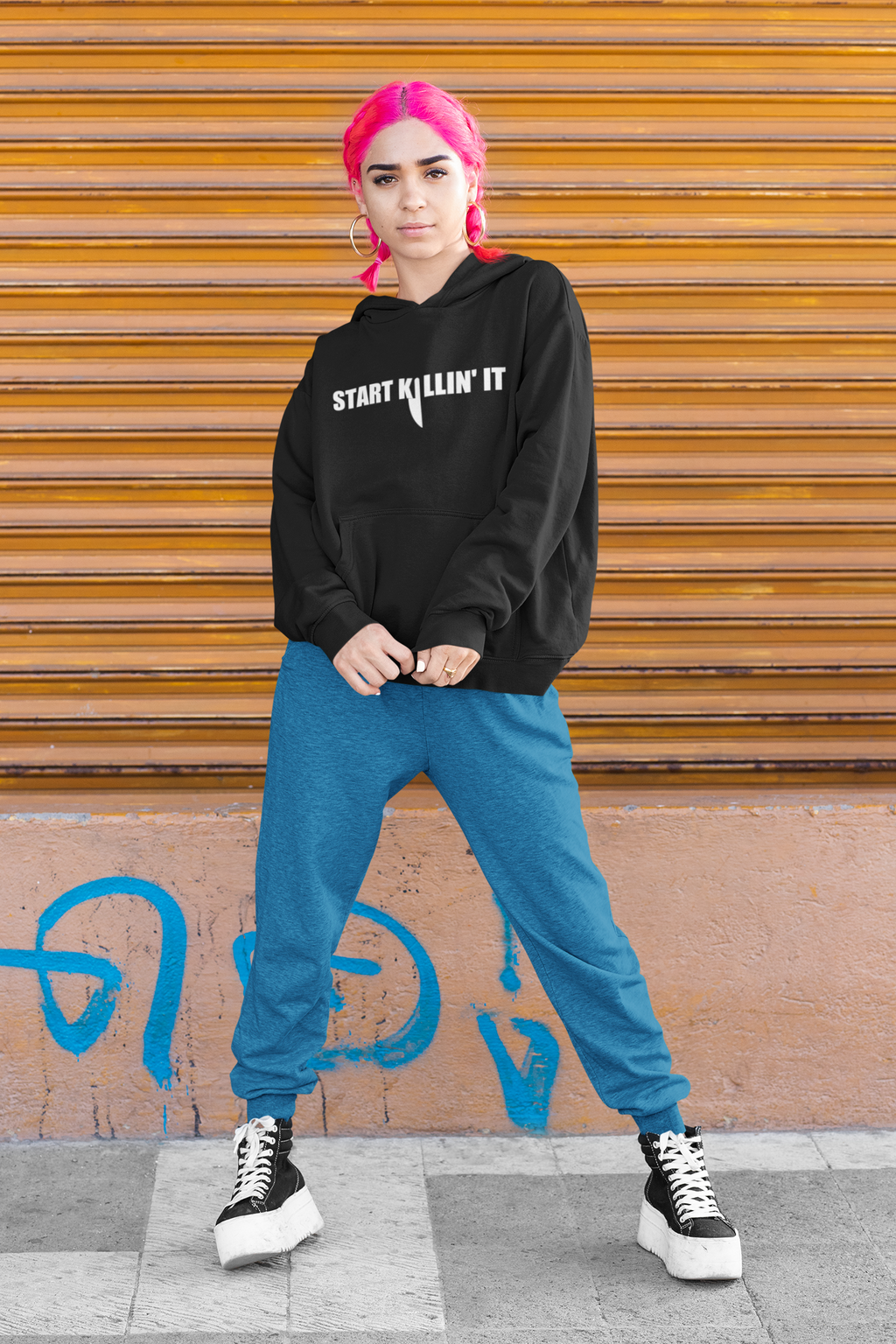 black true crime front pouch hoodie